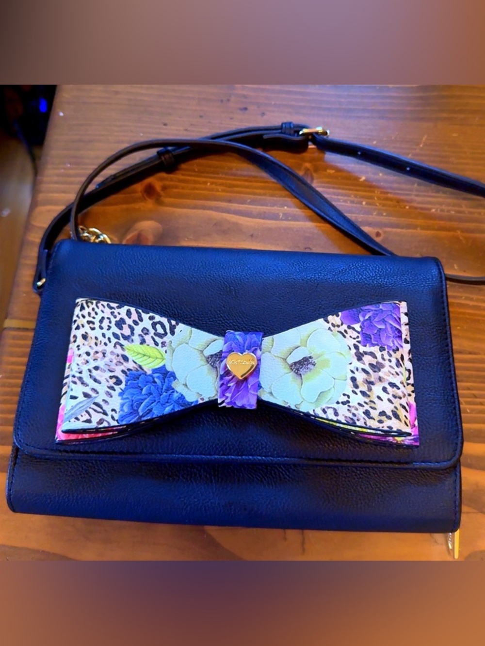 Betsey Johnson Black Crossbody Bag with Floral Bow Accent